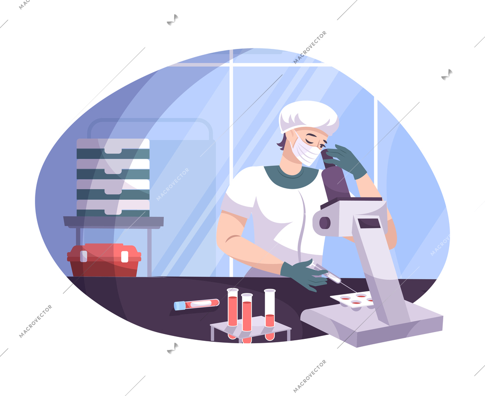 In vitro fertilization flat composition with view of laboratory with female scientist looking in microscope vector illustration