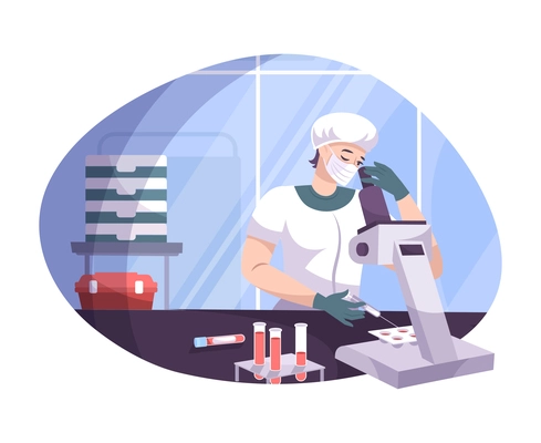 In vitro fertilization flat composition with view of laboratory with female scientist looking in microscope vector illustration