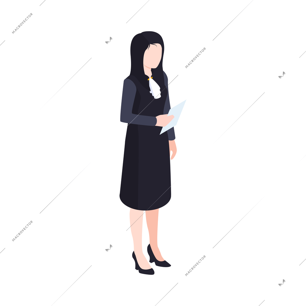 Isometric lawyer court justice law composition with character of woman with paper sheet vector illustration