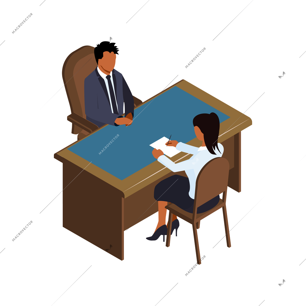 Isometric lawyer court justice law composition with characters of client and attorney sitting at meeting table vector illustration