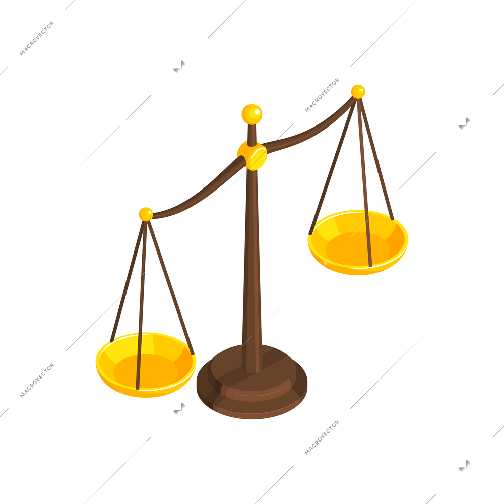 Isometric lawyer court justice law composition with golden balance on blank background vector illustration