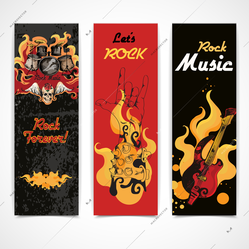 Jazz rock music festival concert banners set with electric guitar drums cymbals flames abstract isolated  vector illustration