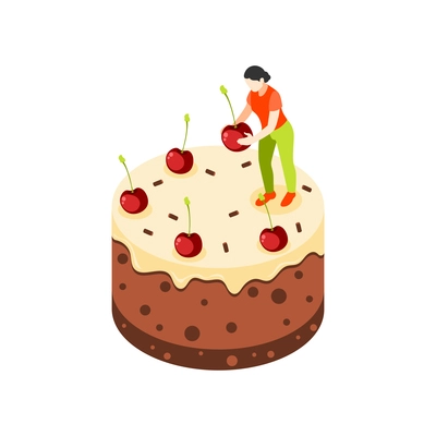 Bakery people isometric composition with woman moving cherries on top of round cake vector illustration