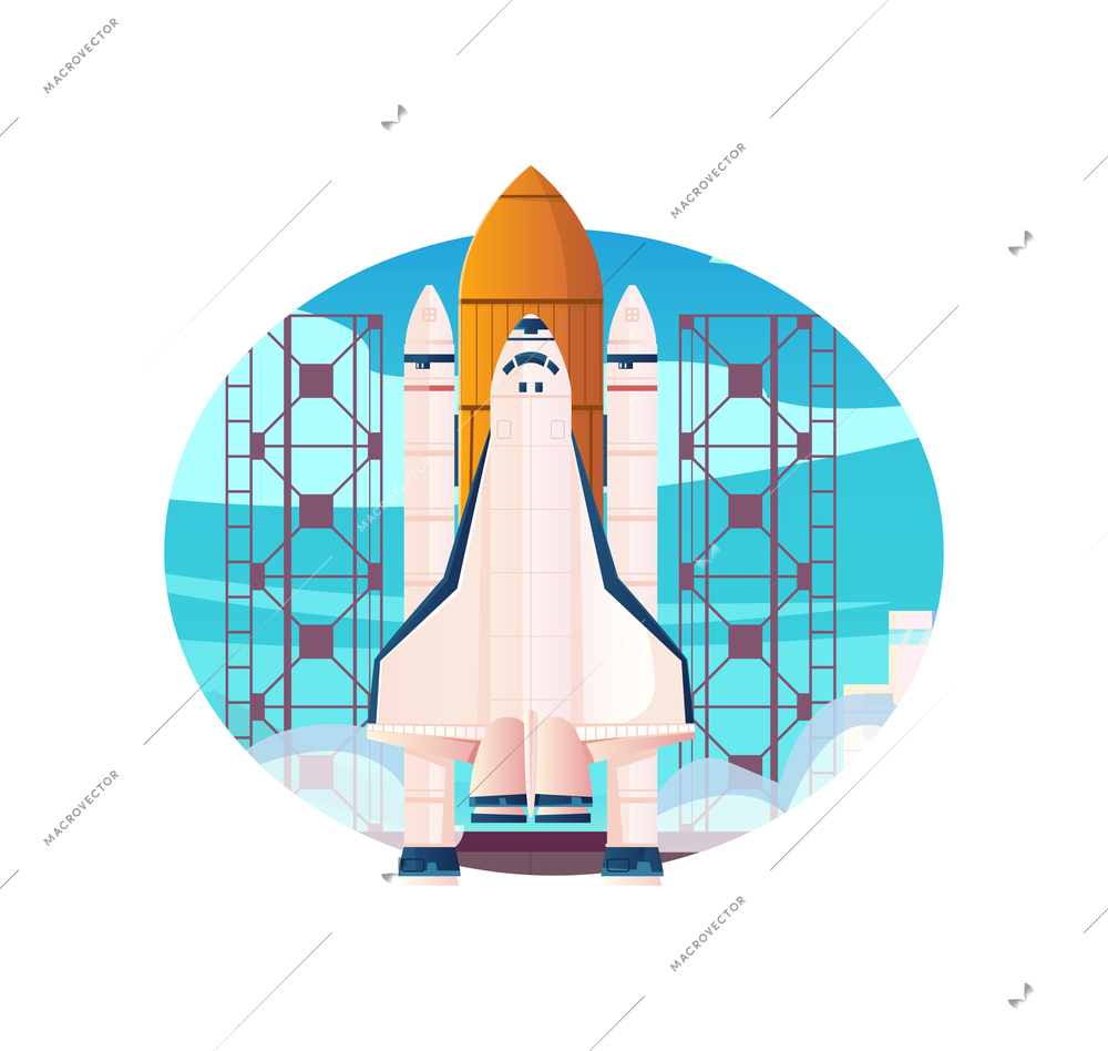 Space technology flat composition with view of space shuttle with rocket on launch pad vector illustration