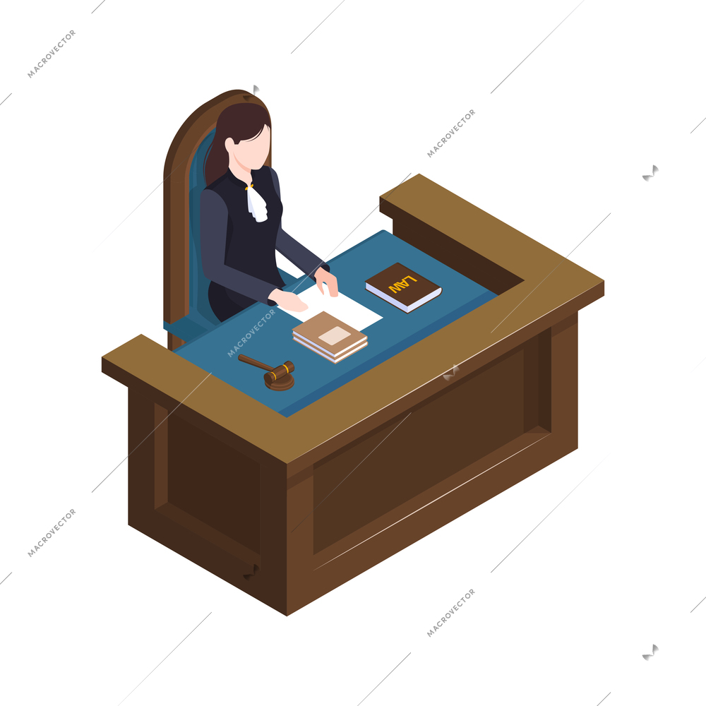 Isometric lawyer court justice law composition with female character of judge at tribune vector illustration