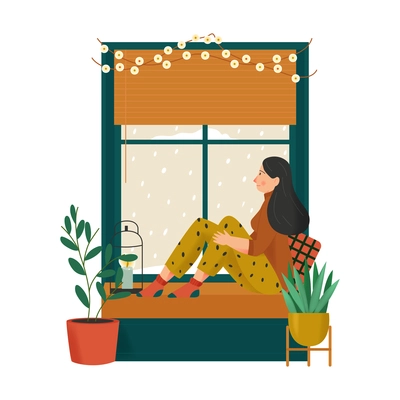 Cozy home composition with female character sitting on window sill with pillows and home plants vector illustration