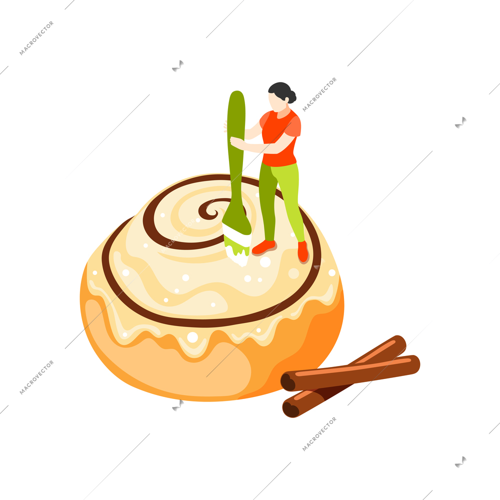 Bakery people isometric composition with woman spreading glaze on cake with brush vector illustration