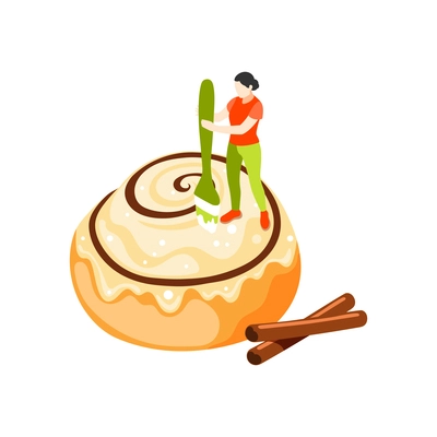 Bakery people isometric composition with woman spreading glaze on cake with brush vector illustration