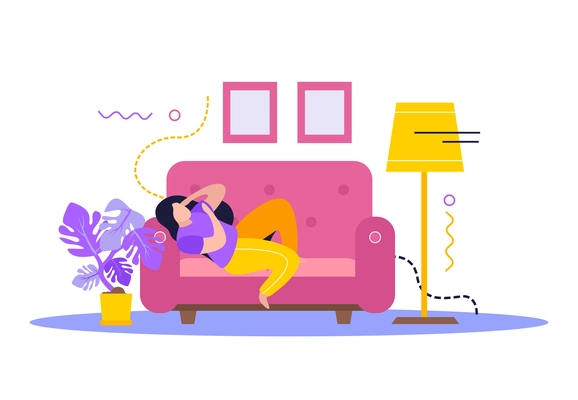 Low energy people composition with tired woman lying on sofa in home interior vector illustration