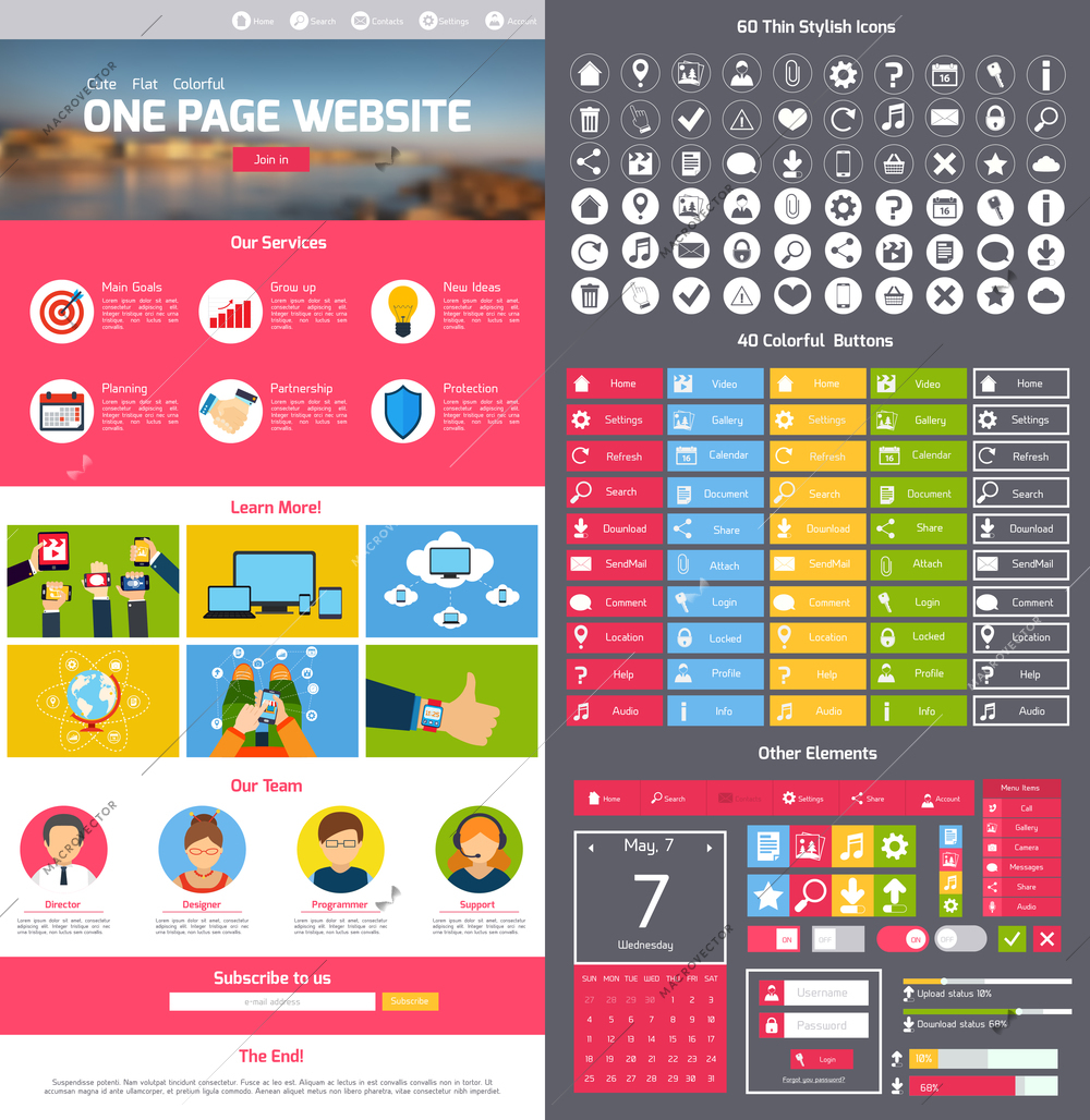 Flat website design template with menu icons and navigation layout elements vector illustration