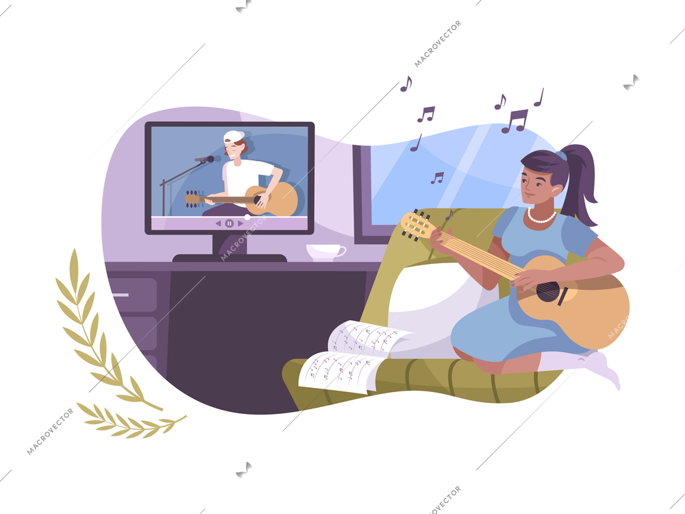 Hobby online flat composition with female character playing guitar to computer video guide vector illustration