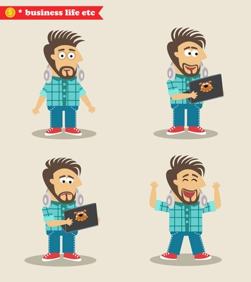 Business life. Seasoned IT guy emotions in poses, standing set vector illustration