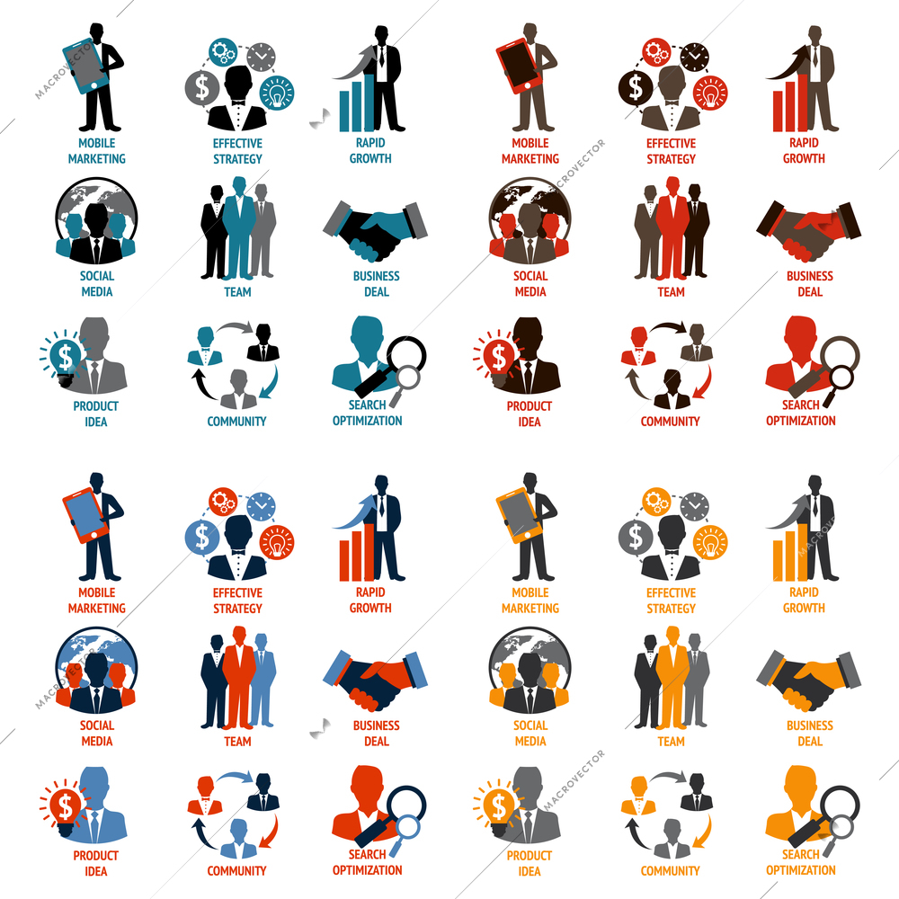 Business people meeting managements icons set of product idea community search optimization isolated vector illustration