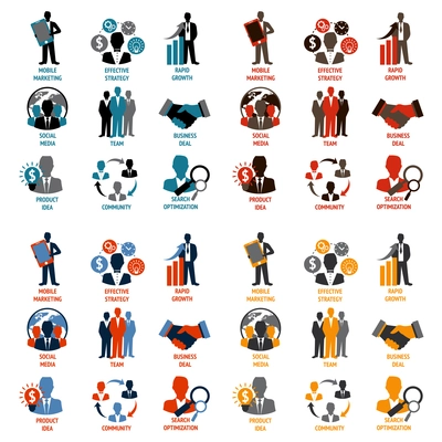 Business people meeting managements icons set of product idea community search optimization isolated vector illustration