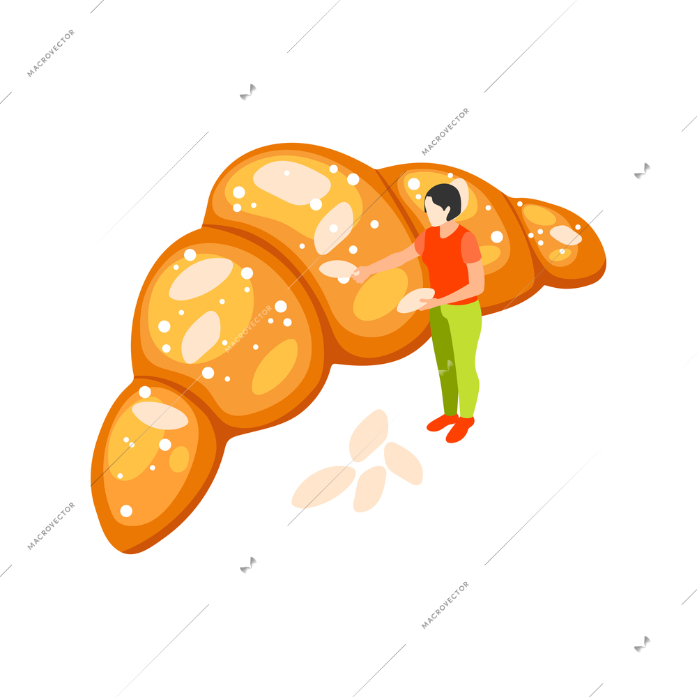 Bakery people isometric composition with big croissant glazed by female character vector illustration