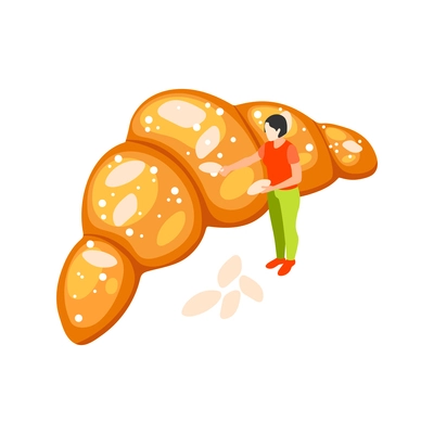 Bakery people isometric composition with big croissant glazed by female character vector illustration