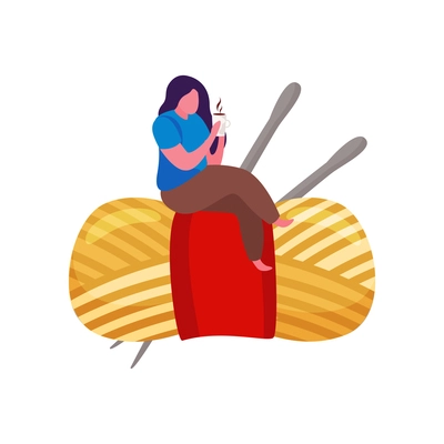 Knitting flat composition with woman sitting on top of knitting threads with needles vector illustration