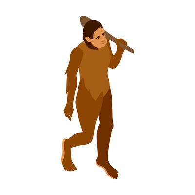 Isometric human evolution composition with character of ape man with jawbone isolated on blank background vector illustration