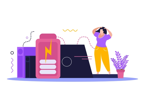 Low energy people composition with female character and laptop with half charged battery vector illustration