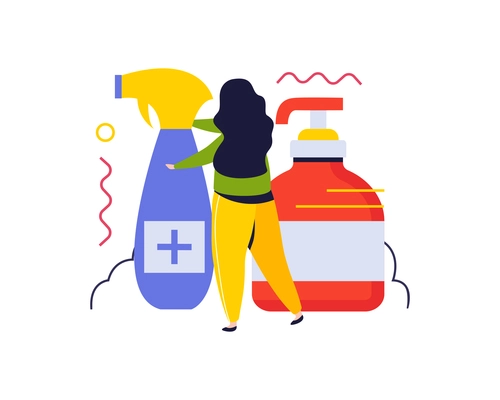 Hygiene protection flat composition with woman and bottles of antibacterial spray vector illustration