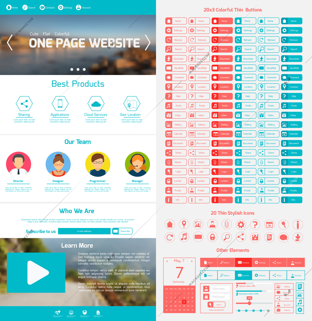 One page website design template with menu icons and navigation layout elements vector illustration