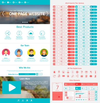 One page website design template with menu icons and navigation layout elements vector illustration