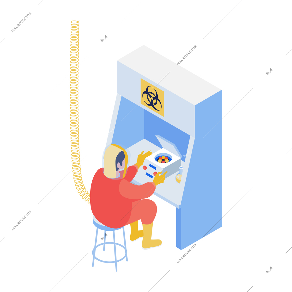 Isometric vaccination composition with human character in chemical protection suit in laboratory environment vector illustration