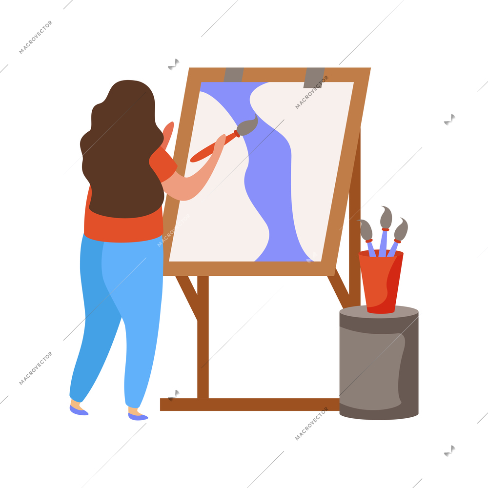 Hobby flat people composition with girl doing painting on drawing easel vector illustration