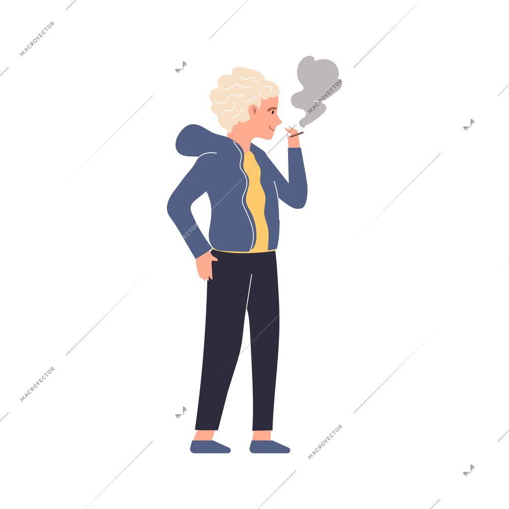 Addiction flat composition with human character holding fuming cigarette vector illustration