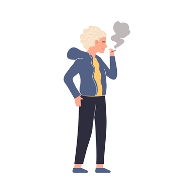 Addiction flat composition with human character holding fuming cigarette vector illustration