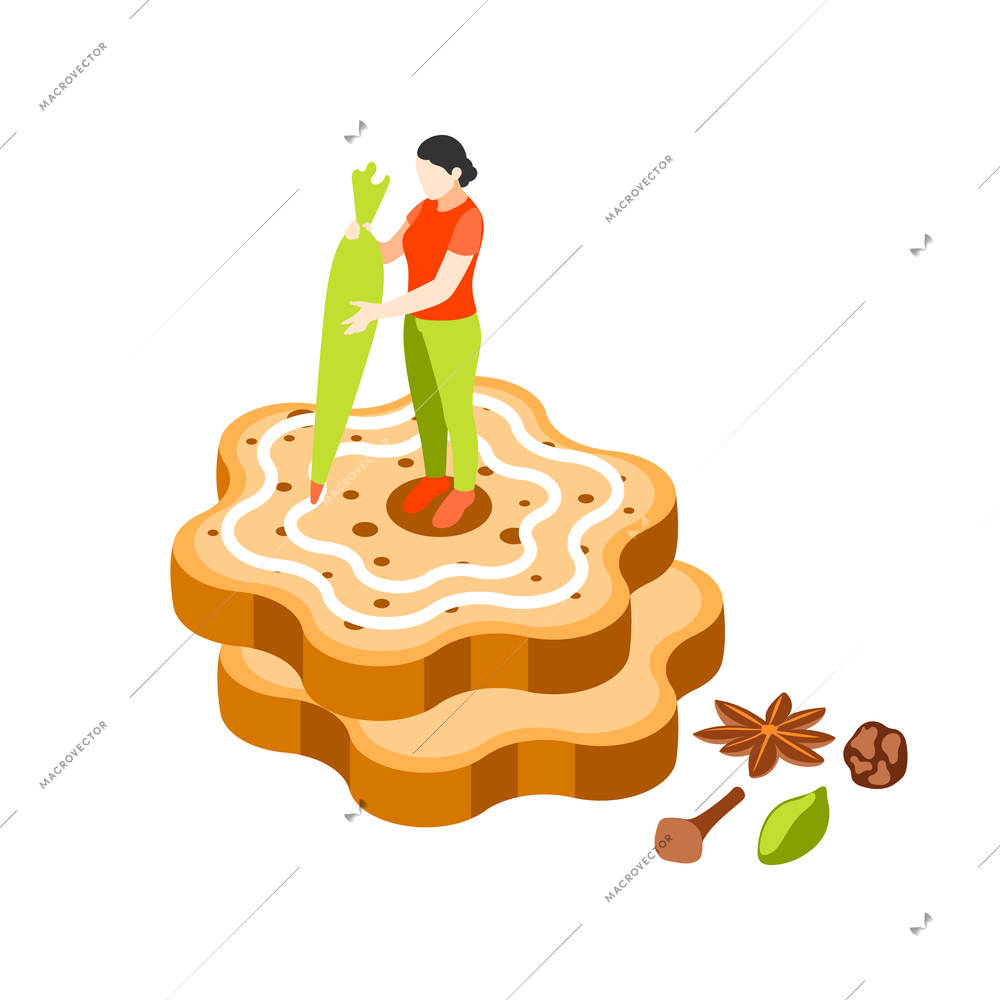 Bakery people isometric composition with woman on top of stack of cookies with spices vector illustration