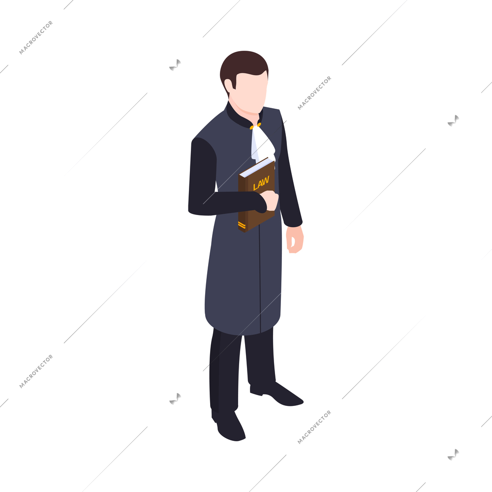 Isometric lawyer court justice law composition with character of lawyer holding book of law vector illustration