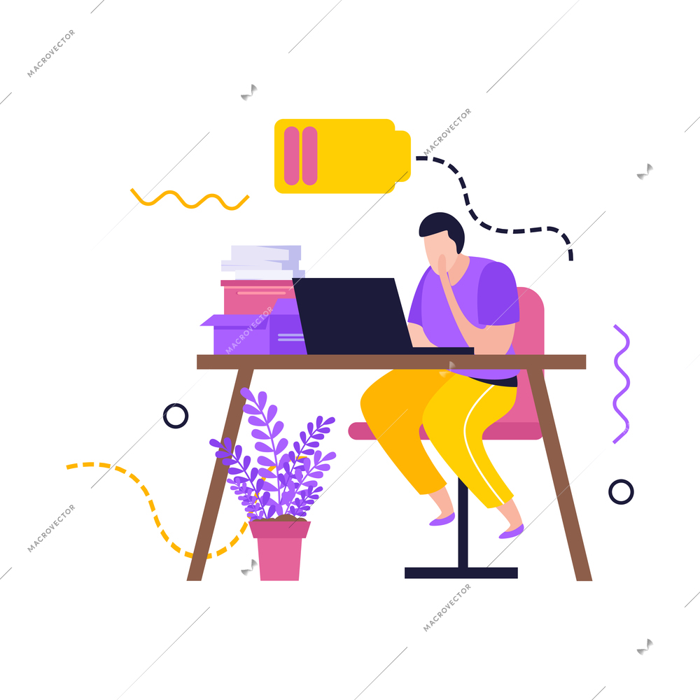 Low energy people composition with male character sitting at table with laptop and drained battery symbol vector illustration