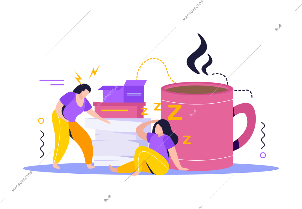 Low energy people composition with tired and sleepy female characters with paperwork and coffee cup vector illustration