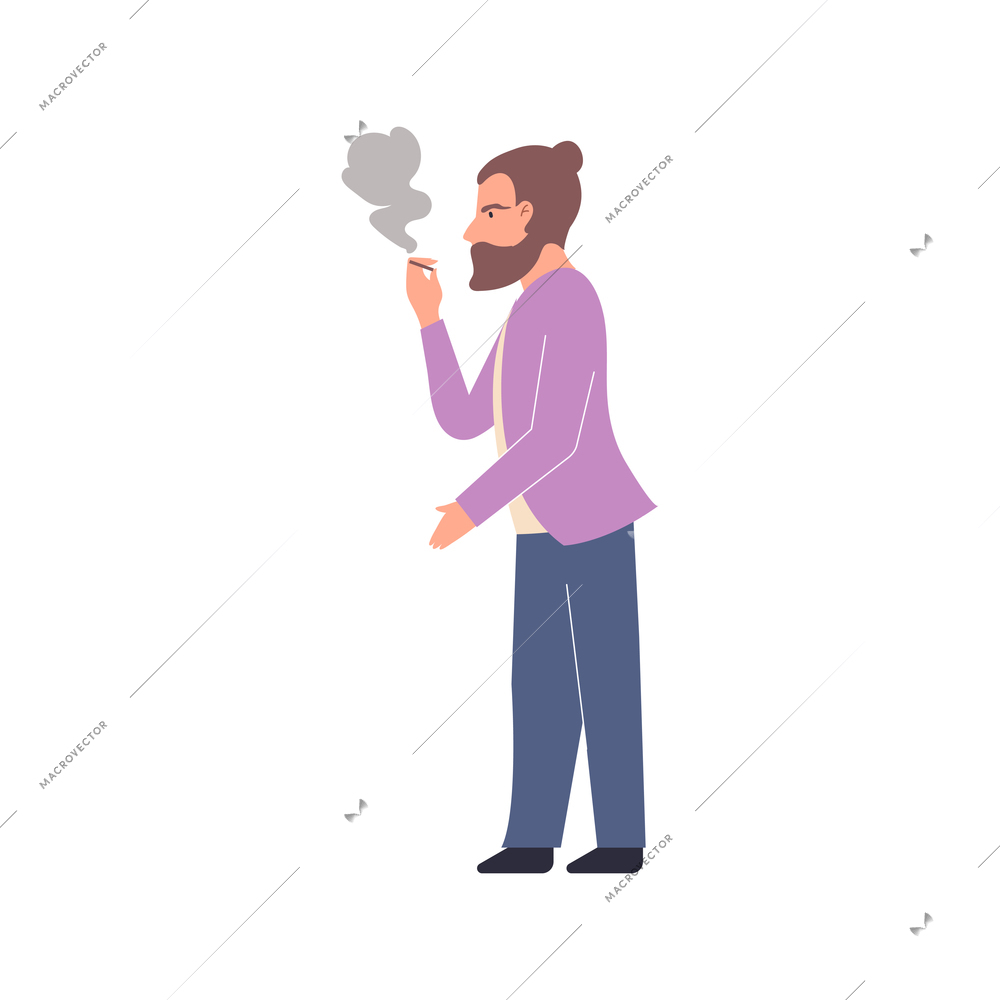 Addiction flat composition with bearded man character smoking cigarette vector illustration