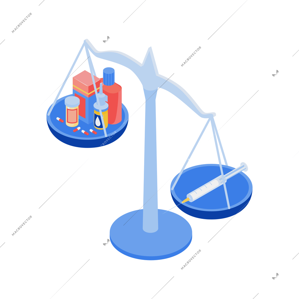 Isometric vaccination composition of balance weighs with lots of meds and syringe on cups vector illustration