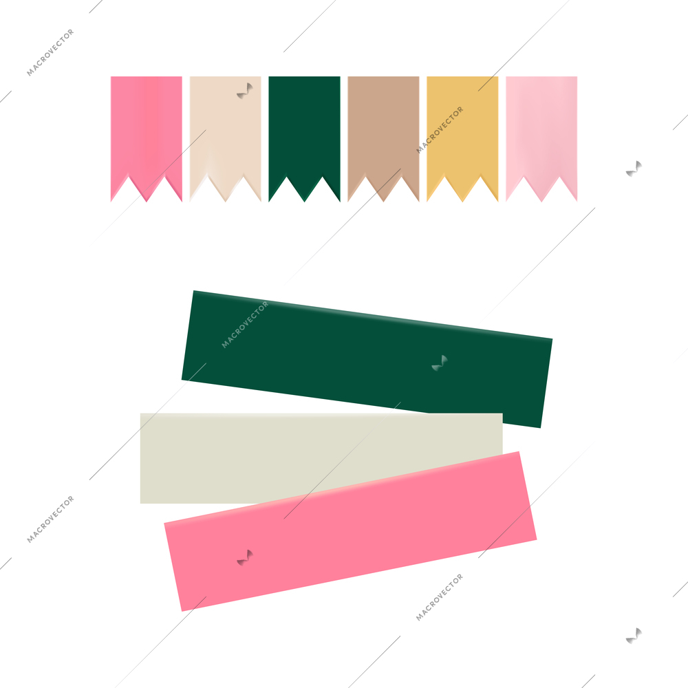 Realistic office items mockup top view composition with images of colorful ribbons sticky bookmarks vector illustration