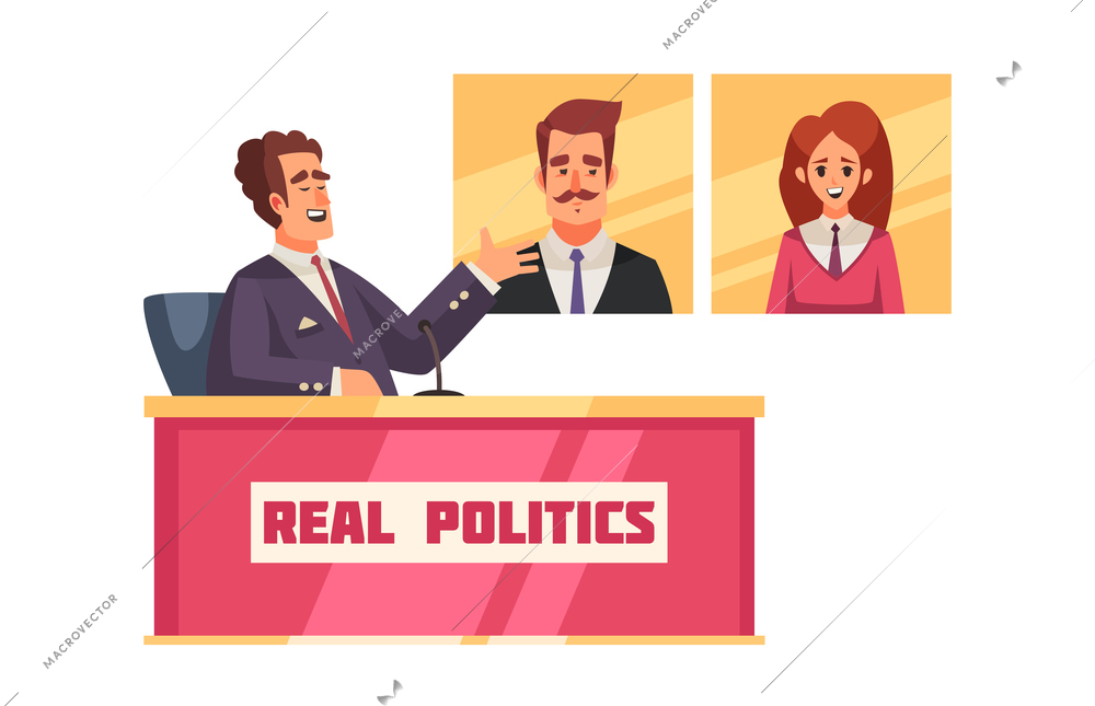 Political talk show composition with character of show host sitting at table discussing candidates vector illustration