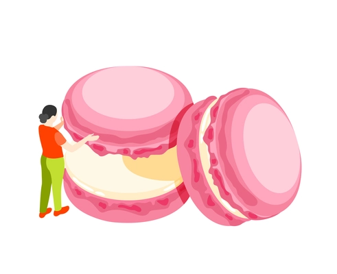 Bakery people isometric composition with female character moving macaroon pieces vector illustration