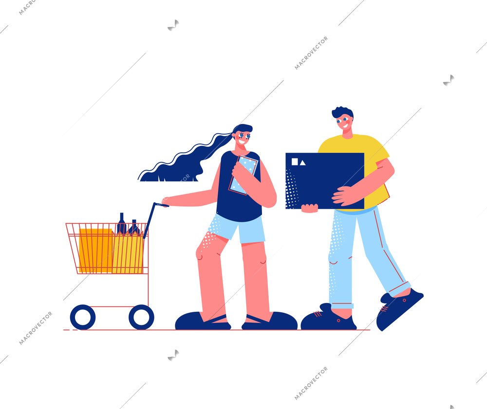 Family shopping flat composition with characters of man holding box and woman with trolley cart vector illustration