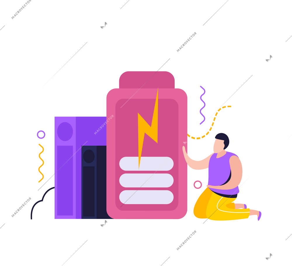 Low energy people composition with male character touching drained battery with bolt symbol vector illustration