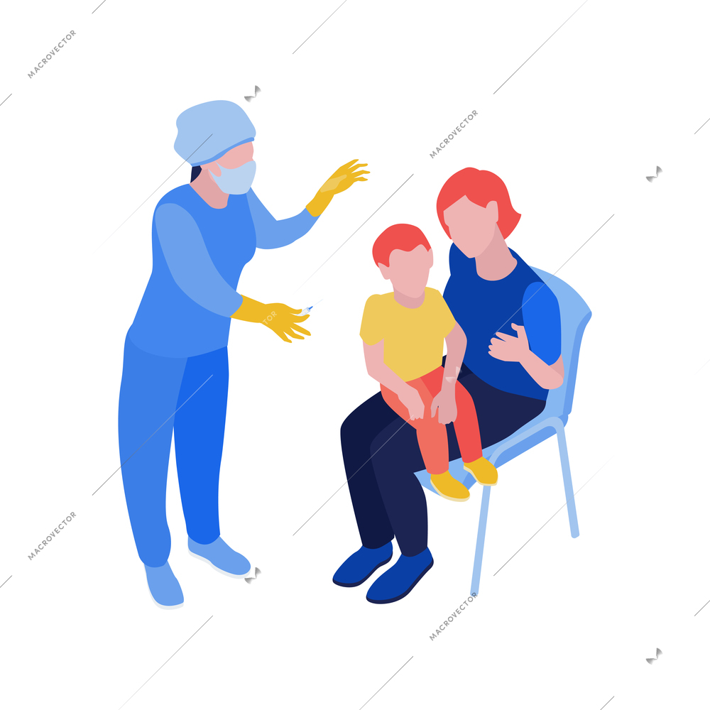 Isometric vaccination composition with mother holding child and medical specialist vector illustration