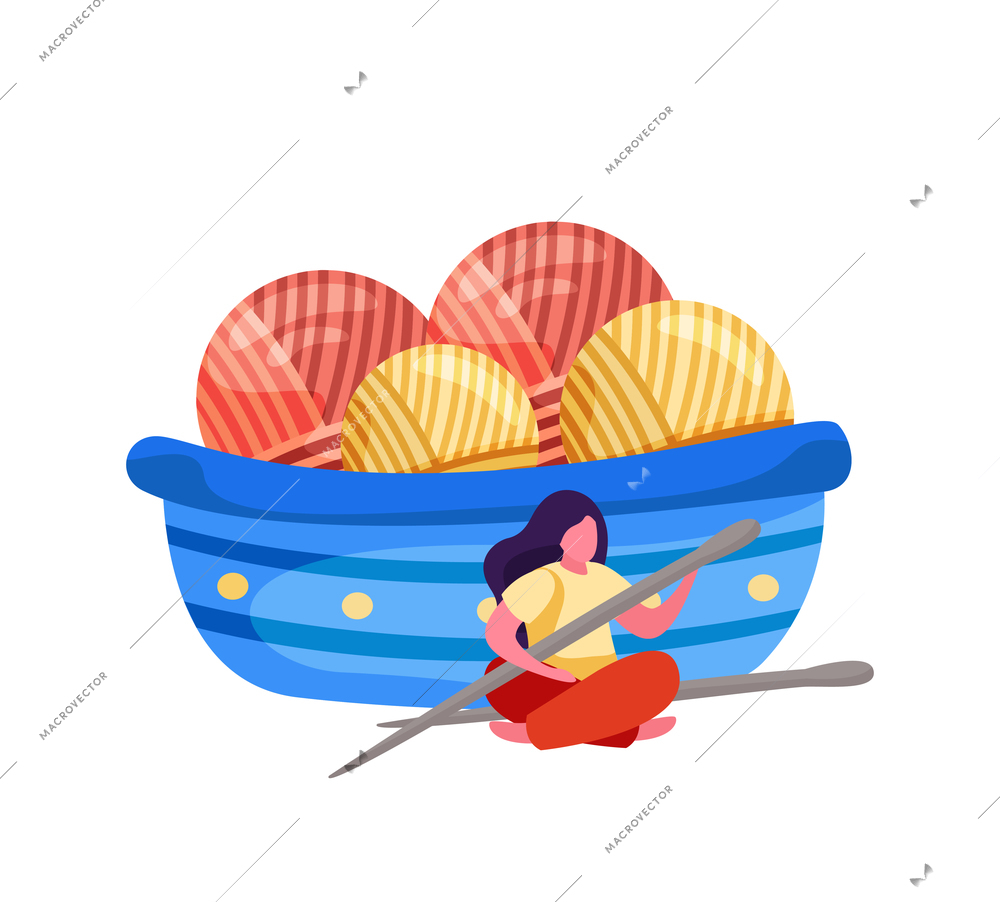 Knitting flat composition with bunch of clews and female character holding needle vector illustration