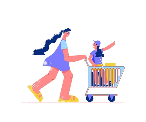 Family shopping flat composition with woman pulling trolley cart with child inside vector illustration