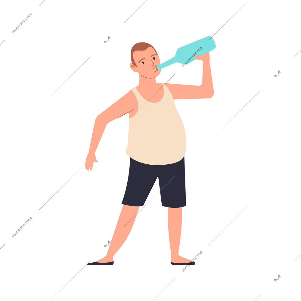 Addiction flat composition with male human character drinking alcohol from bottle vector illustration