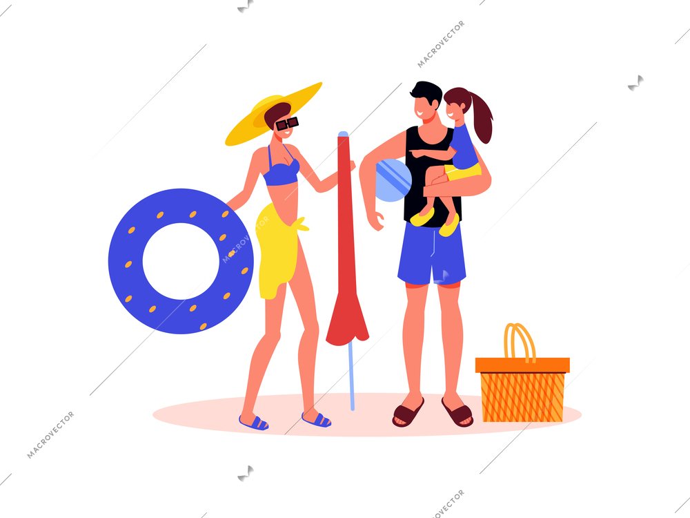 Family active holidays composition with characters of family members with umbrella and inflatable ring vector illustration