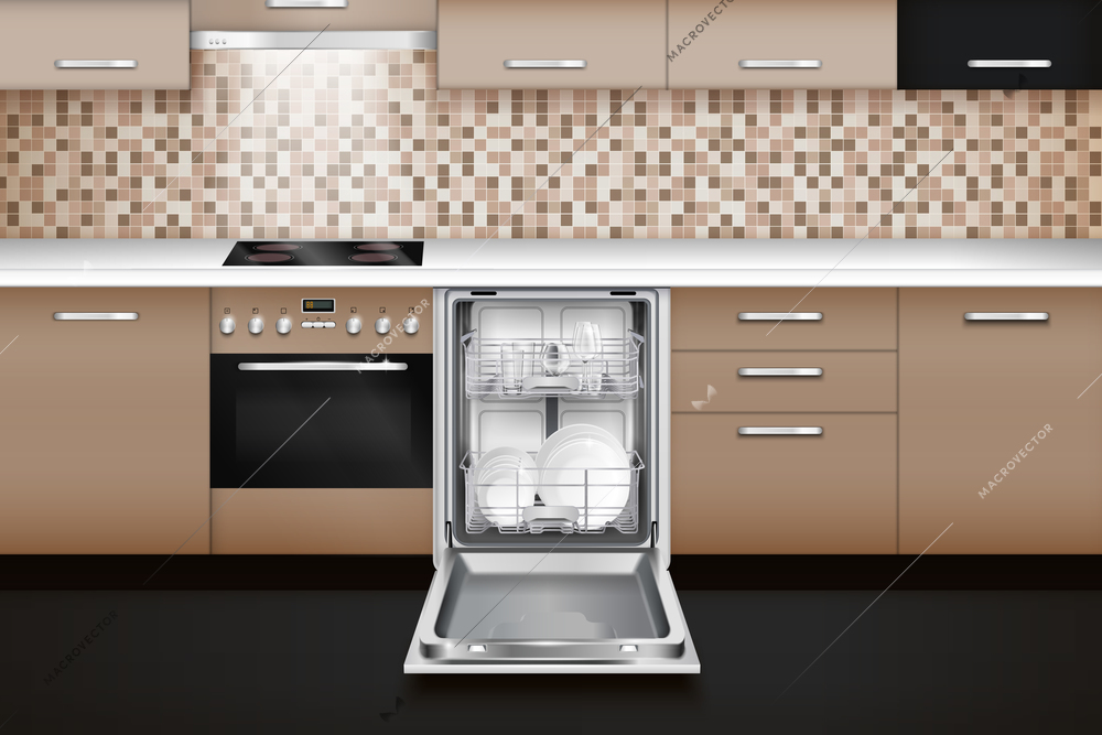 Dishwasher machine interior realistic composition with indoor view of modern kitchen with furniture and dishwashing machine vector illustration