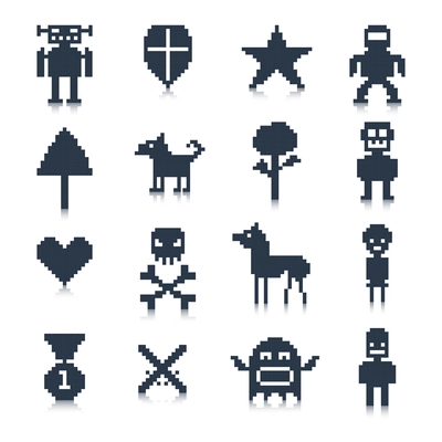 Video game cartoon pixel avatar characters black icons set isolated vector illustration.