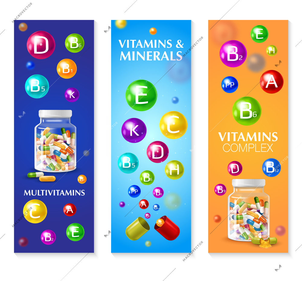 Realistic 3d vitamin mineral set of three vertical banners with colourful bubbles pills and editable text vector illustration