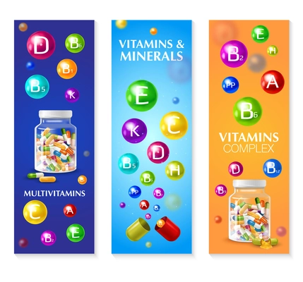 Realistic 3d vitamin mineral set of three vertical banners with colourful bubbles pills and editable text vector illustration